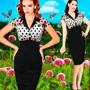 1950's Rockabilly Polka Dot Floral Wiggle Pencil Sheath Dress. Sz. L.